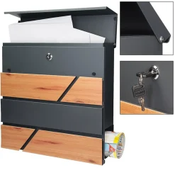 Boîte aux lettres moderne en acier anthracite imitation bois murale avec 2 clés^Ml-Design