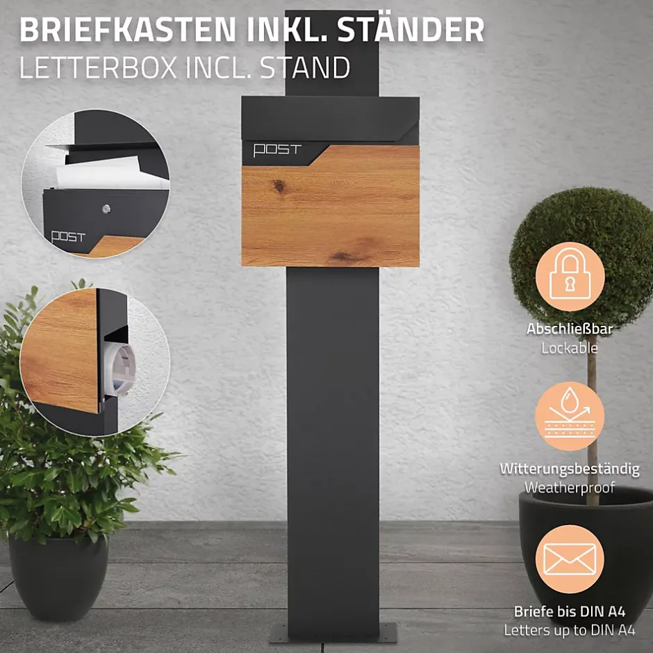 Boîte aux lettres sur pied boîte postale anthracite/aspect bois avec support^Ml-Design Sale