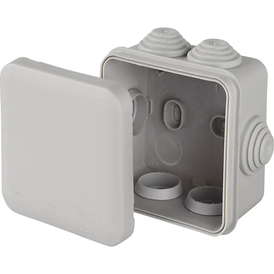 Boîte de dérivation carrée extérieure avec 7 passe-câbles et système de verrouillage 65 x 65 x 45 mm Mureva Box gris-Schneider Electric Online