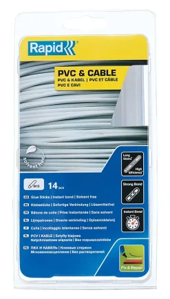 Bâtons de colle PVC & câbles 12 mm. Parfait pour les travaux de fixation et de réparation. Paquet de 14 bâtons longs.^Rapid