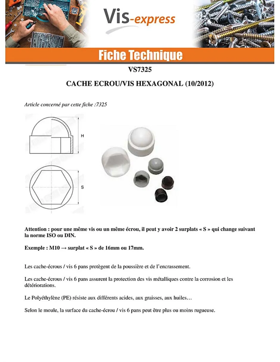 Cache Ecrou ou cache tête vis Tête hexagonale TH M10 nylon blanc Sur plat 17 - 100 pièces-Vis Express Clearance