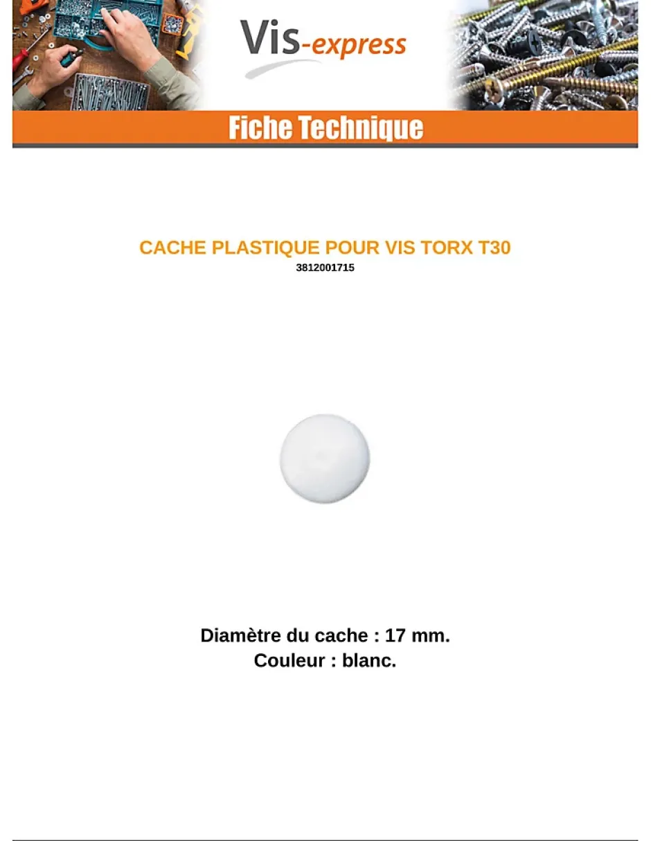 Cache vis TORX TORX T30 Diamètre de tête: 17 nylon blanc - 100 pièces-Vis Express Hot
