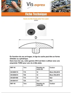 Cache vis Tête fraisée TORX TORX T20 Diamètre de tête: 12 Nylon RAL9010 blanc pur - 1 pièce^Vis Express Best