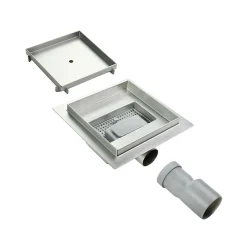 Caniveau de douche à carreler carré CIREA 20 x 20 cm, siphon anti-odeurs, drainage 36l/min, hauteur réglable^Saniverre