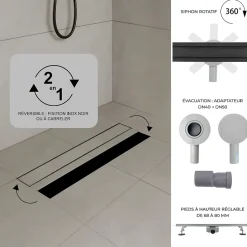 Caniveau de douche 2en1 VINY L.100 cm, réversible à carreler ou inox noir + siphon 360, drainage 36l/min --Saniverre Sale