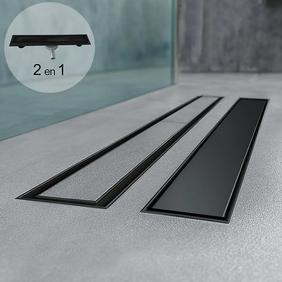 Caniveau de douche 2en1 VINY L.100 cm, réversible à carreler ou inox noir + siphon 360, drainage 36l/min --Saniverre Sale