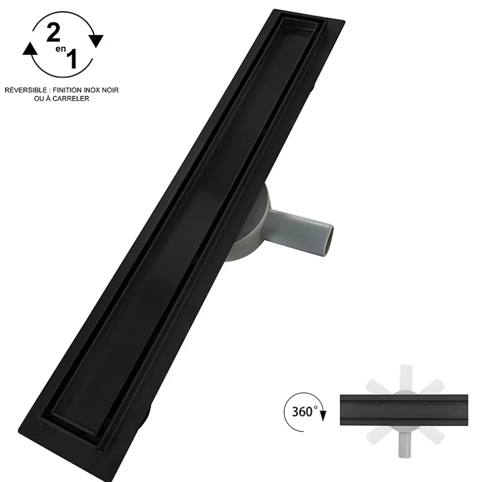 Caniveau de douche 2en1 VINY L.80 cm, réversible à carreler ou inox noir + siphon 360, drainage 36l/min --Saniverre Online