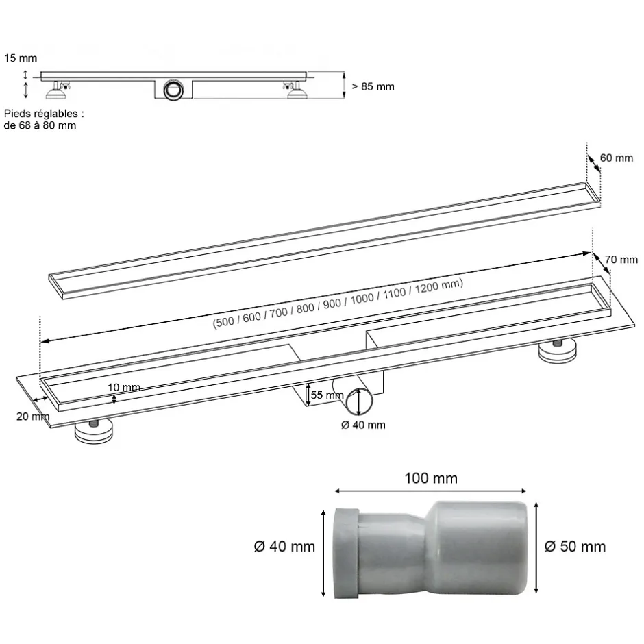 Caniveau de douche Italienne 2en1 CELO L.80 cm à encastrer réversible à carreler ou inox --Saniverre New