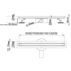 Caniveau de douche italienne étroit noir SAMY L.50 cm siphon 360, drainage 36l/min, hauteur réglable^Saniverre