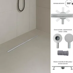Caniveau de douche italienne étroit TIKA L.90 cm acier inoxydable avec siphon 360, drainage 36l/min^Saniverre
