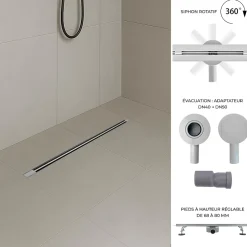 Caniveau de douche italienne slim DEKI L.80 cm acier inoxydable avec siphon 360, drainage performant^Saniverre New