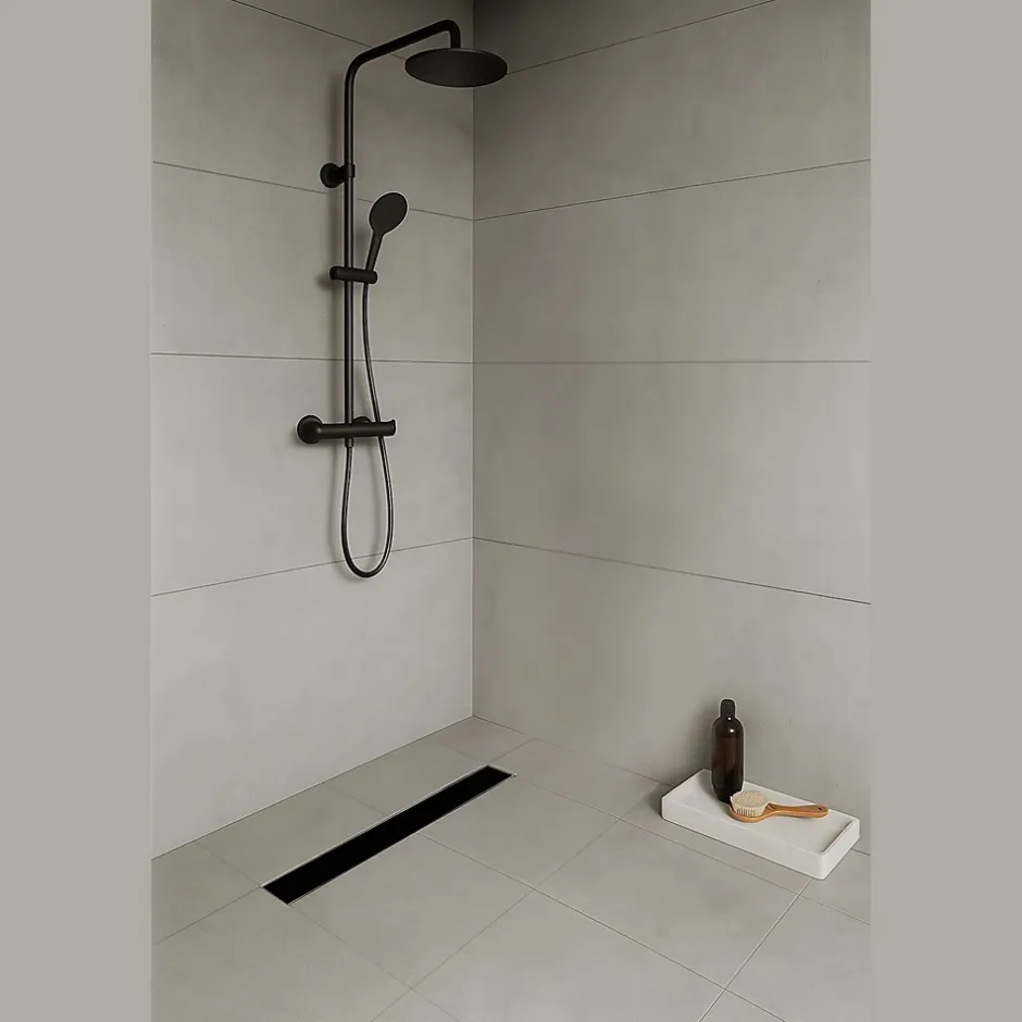 Caniveau de douche KODY L.70 cm verre noir et inox, siphon anti-odeurs, drainage performant --Saniverre