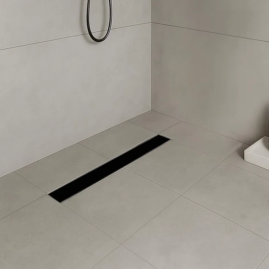 Caniveau de douche KODY L.70 cm verre noir et inox, siphon anti-odeurs, drainage performant --Saniverre