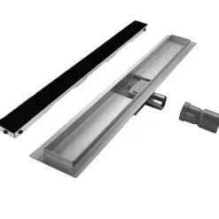 Caniveau de douche KODY L.70 cm verre noir et inox, siphon anti-odeurs, drainage performant --Saniverre