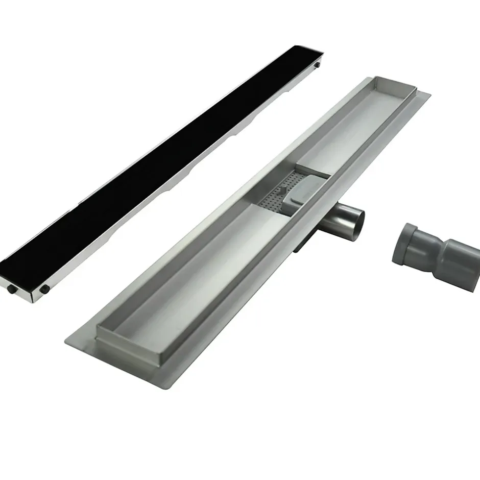 Caniveau de douche KODY L.70 cm verre noir et inox, siphon anti-odeurs, drainage performant --Saniverre