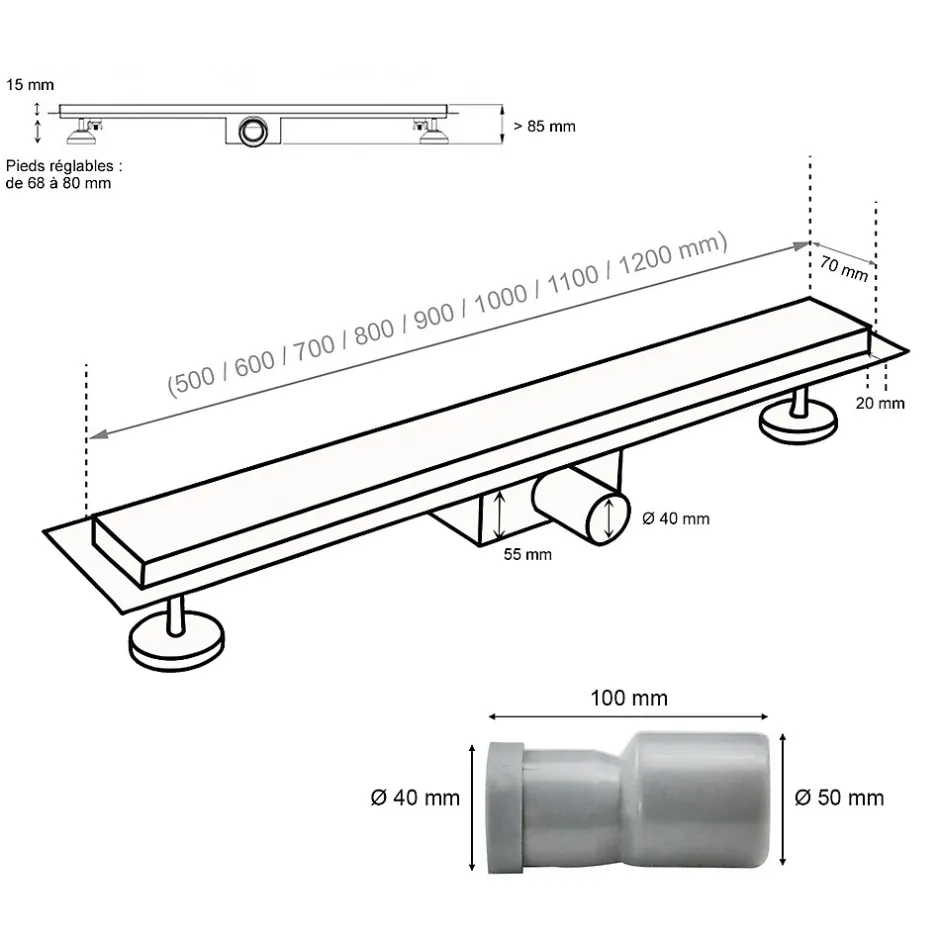 Caniveau de douche L.120 cm JAZY design linéaire, inox, anti-odeurs, drainage élevé --Saniverre Sale