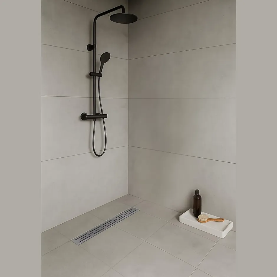 Caniveau de douche L.120 cm JAZY design linéaire, inox, anti-odeurs, drainage élevé --Saniverre Sale