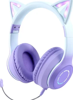 Casque Bluetooth sans Fil Pliable d'oreille de Chat avec Micro intégré violet blanc-Vendos85