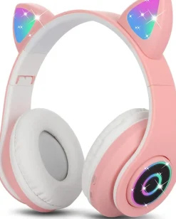 Casque Bluetooth sans Fil Pliable d'oreille de Chat avec Micro intégré rose blanc-Vendos85 Clearance