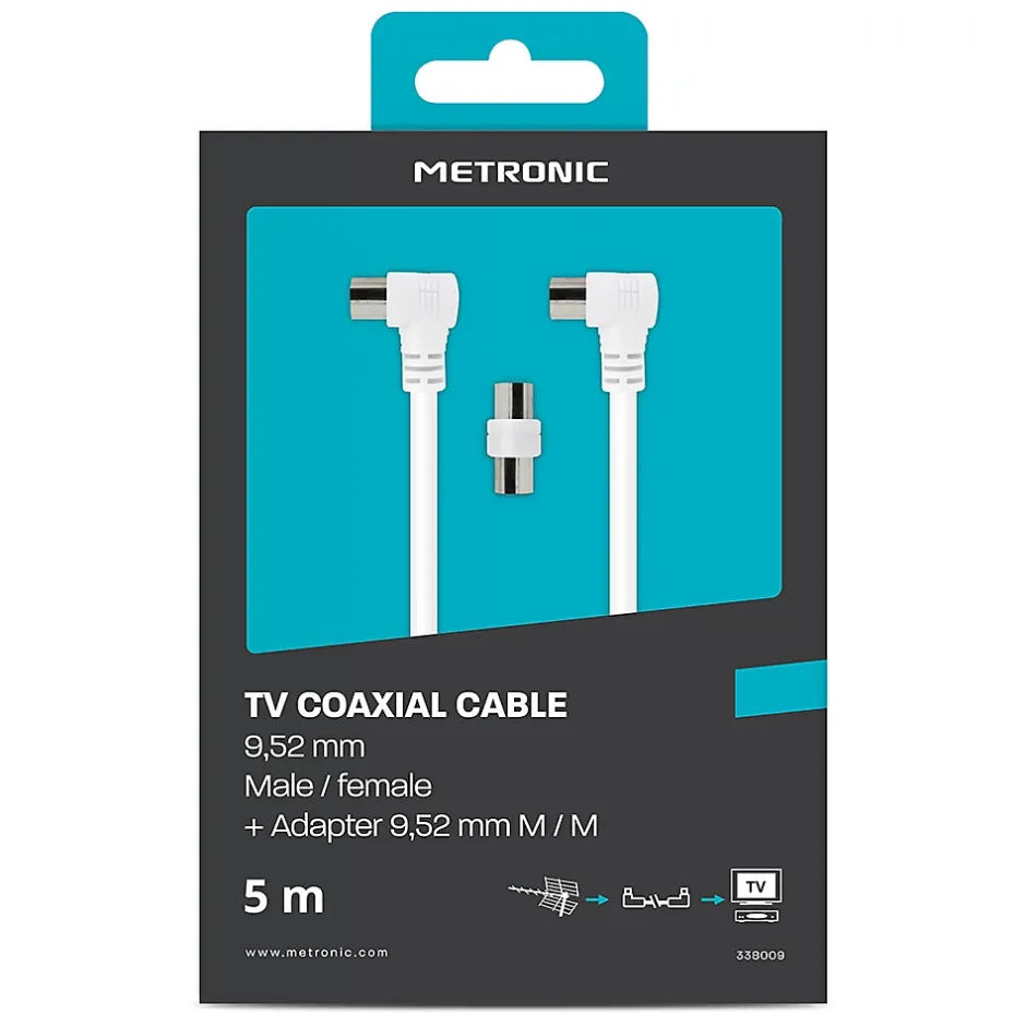 Câble TV coaxial 9,52 mm coudé mâle/fem. + adaptateur 9,52 mm - 338009^Metronic Online