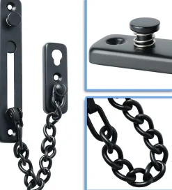 Chaîne de sécurité pour porte étroite, butée de porte à ressort, antivol, avec vis, acier inoxydable, finition noir mat-Deko