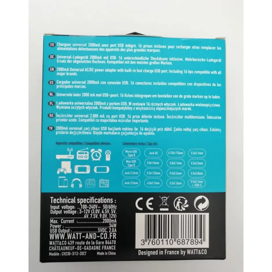 Chargeur universel Watt&Co 2000mA 16 connecteurs + USB-Watt & Co Online
