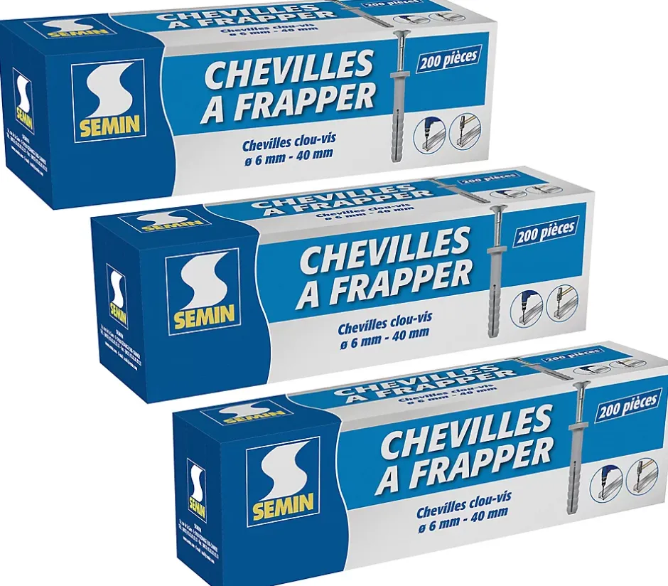 Cheville Clous Vis à Frapper , 6 x 40 mm, Boite de 200 (lot de 3)-Semin