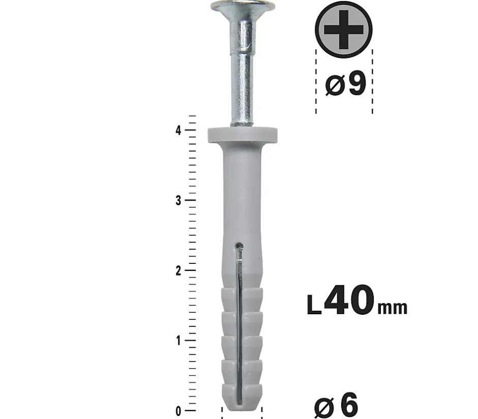 Cheville Clous Vis à Frapper , 6 x 40 mm, Boite de 200 (lot de 3)-Semin