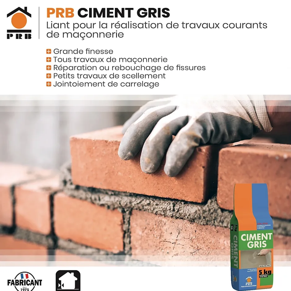 Ciment Gris Polyvalent 5kg - Finesse et Séchage Rapide - Maçonnerie, Réparation, Scellement et Jointoiement Intérieur/Extérieur-Prb Online