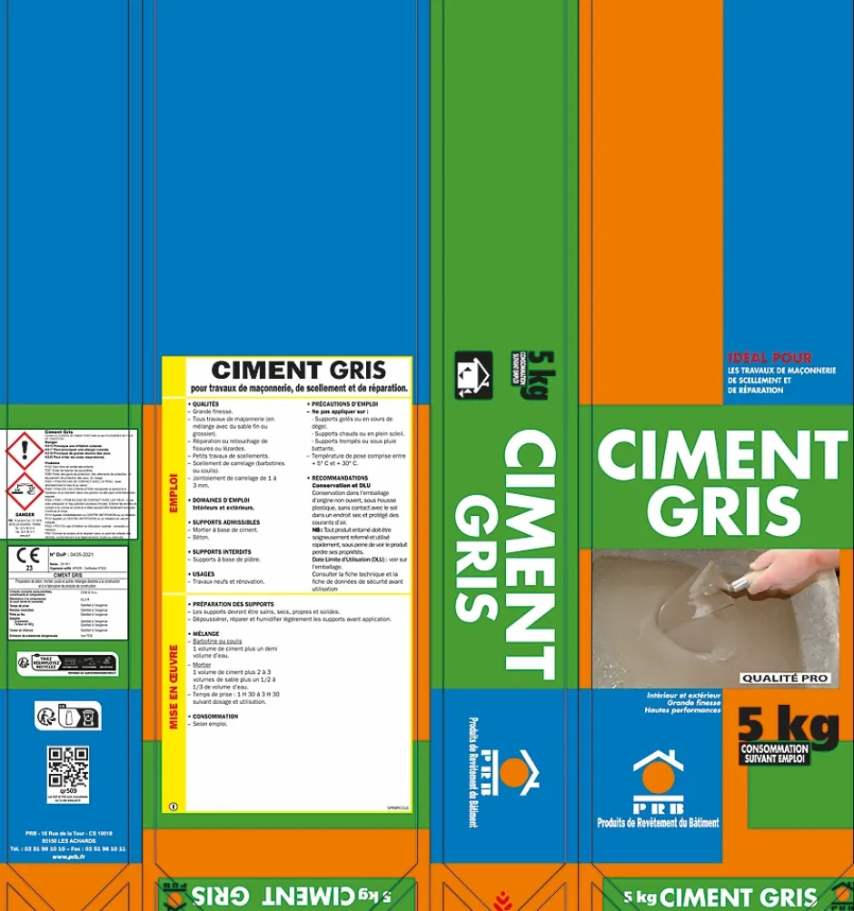 Ciment Gris Polyvalent 5kg - Finesse et Séchage Rapide - Maçonnerie, Réparation, Scellement et Jointoiement Intérieur/Extérieur-Prb Online