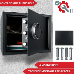 Coffre-fort à code,empreinte digitale et clés en acier L 38x30x30 cm-Bb Loisir Online