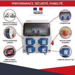 Coffret de Chantier Monophasé 230V - 4 Prises NF 2P+T - 16A - 9 Modules - Coffret Électrique sans câble^Atole Best