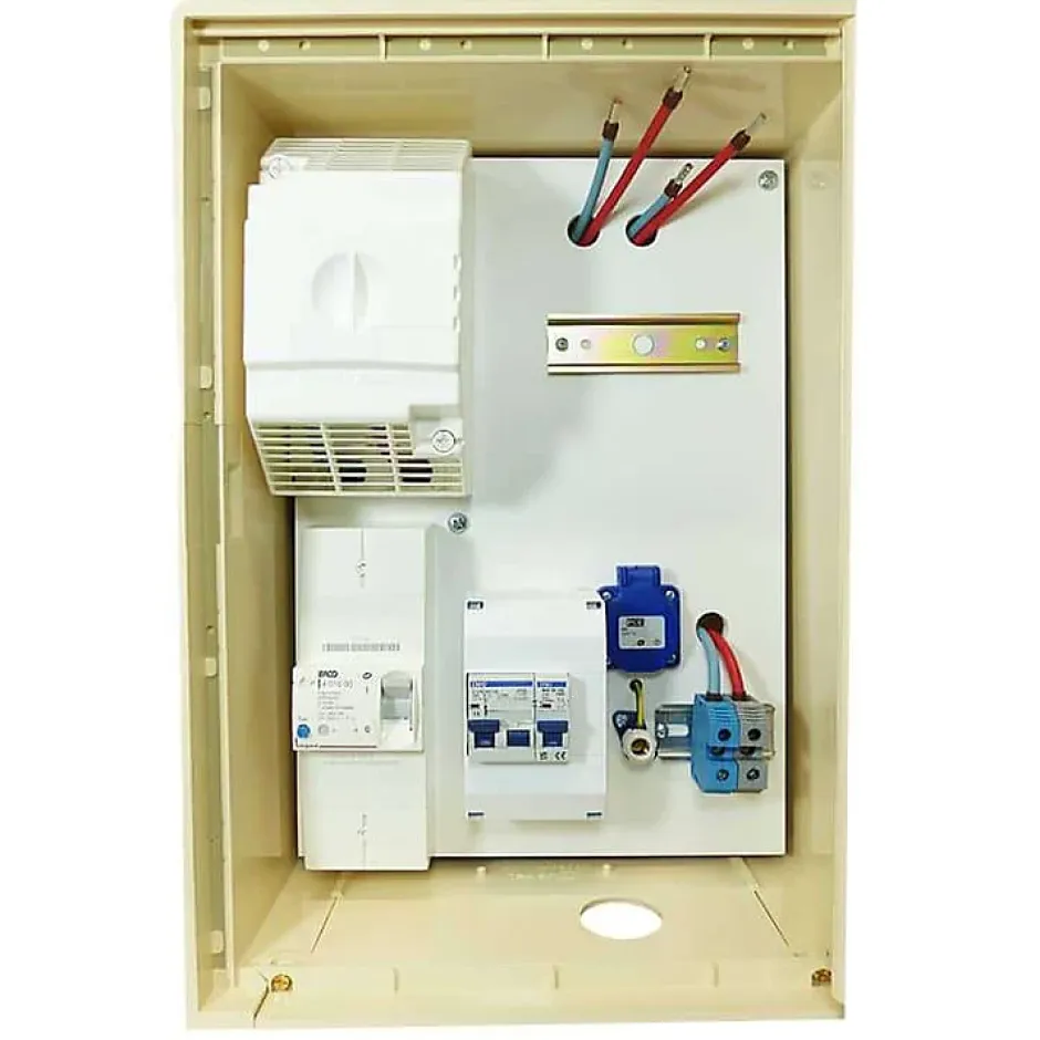 Coffret de chantier monophasé 3/6/9 kW - pack complet raccordement souterrain 3m conforme ENEDIS avec 1 prise et bornier IP2X-Tecko New