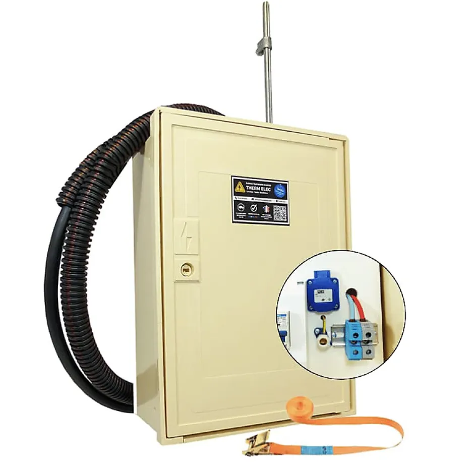 Coffret de chantier monophasé 3/6/9 kW - pack complet raccordement aérien 15m conforme ENEDIS avec 1 prise et bornier IP2X^Tecko New