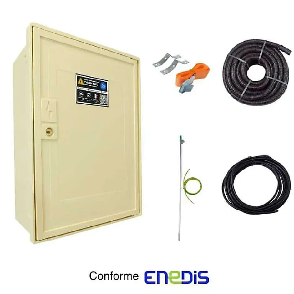 Coffret de chantier monophasé 3/6/9 kW - pack complet raccordement aérien 15m conforme ENEDIS avec 1 prise et bornier IP2X^Tecko New