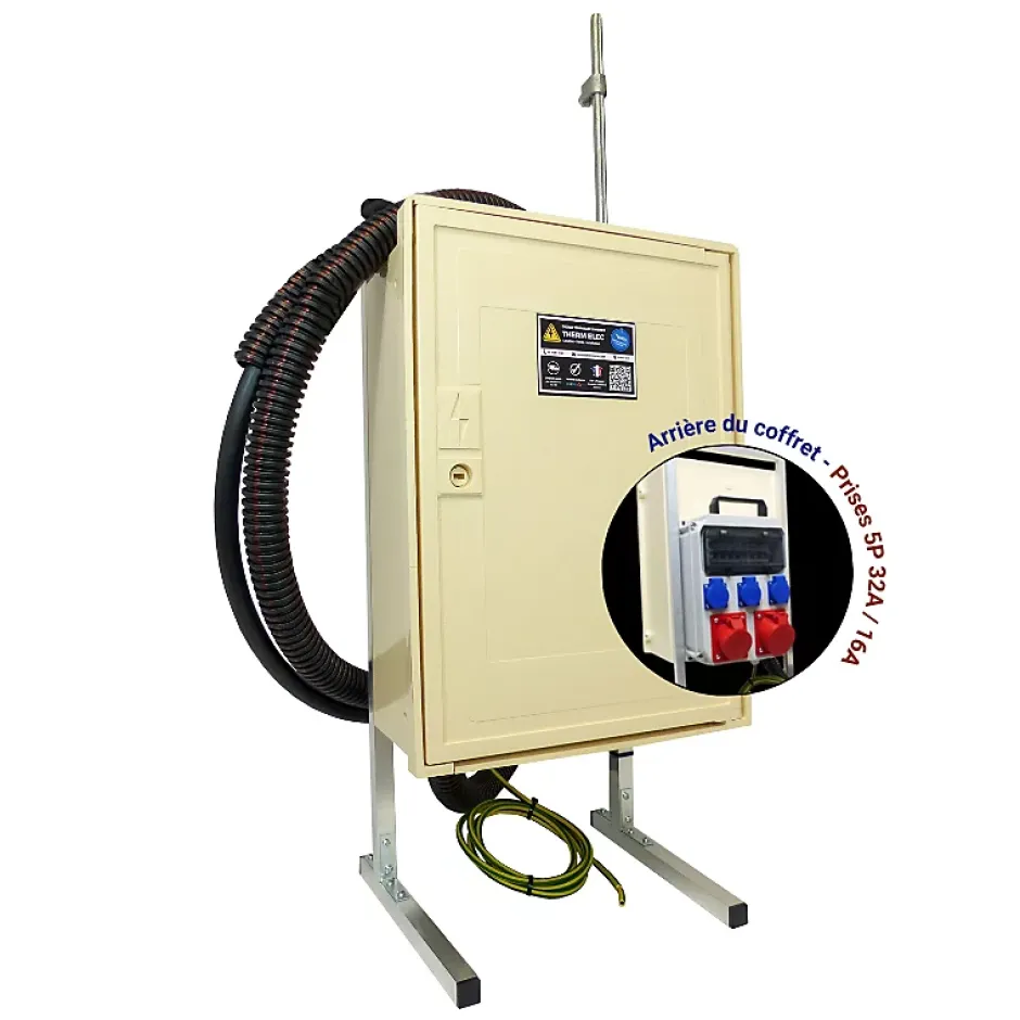 Coffret de chantier triphasé 6/18 kW - pack complet raccordement SOL 3m avec prises 32A 16A conforme ENEDIS-Tecko Hot
