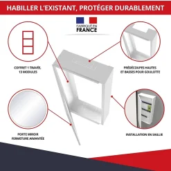 Coffret d'habillage 13 modules en acier blanc avec porte miroir - H 117 x L 34 x P 14,5 cm - Réf. RCH600MIR-Atole Discount