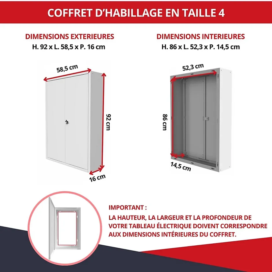 Coffret d'habillage en acier avec clé pour tableaux électriques double - H 54 x L 58,5 x P 16 cm - Réf. RCH2T416GSS-Atole Discount