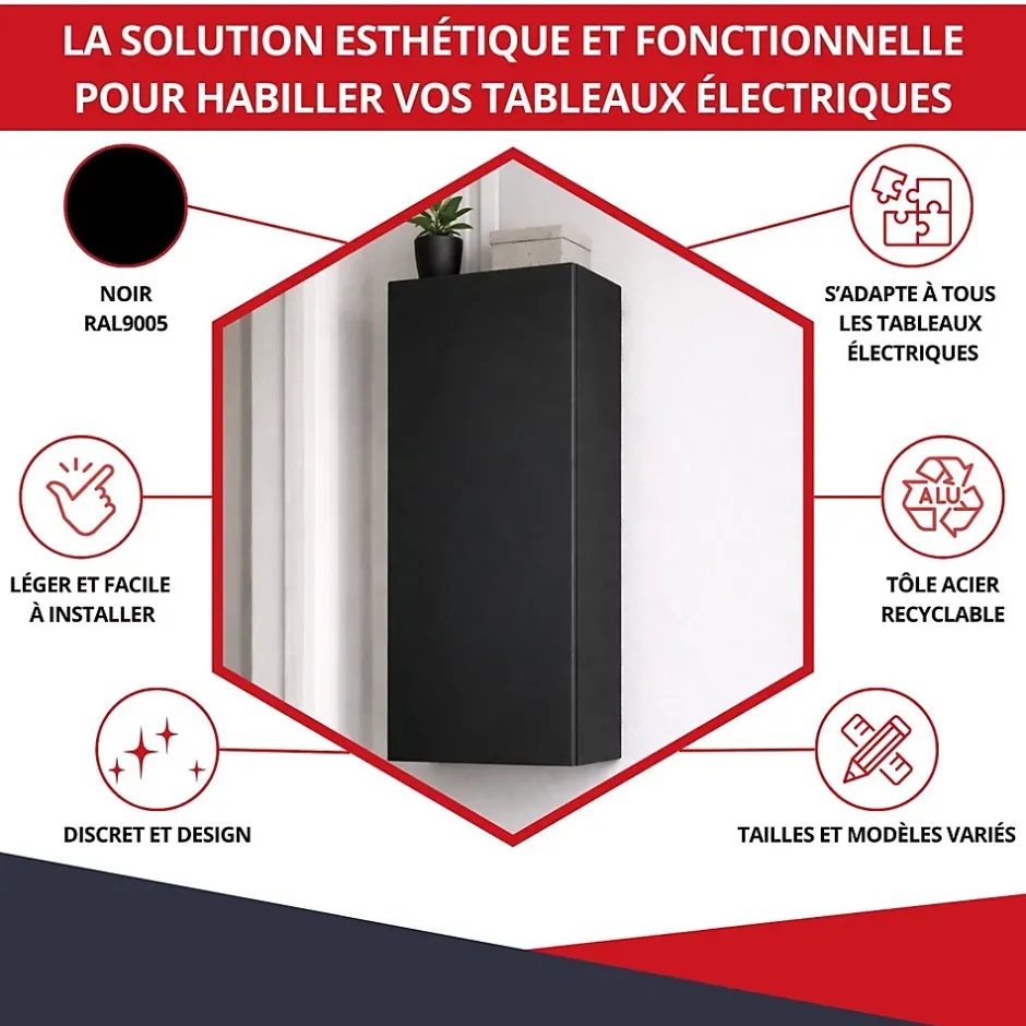 Coffret d'habillage 13 modules en acier noir pour tableaux éléctriques - H 1040 x L 340 x P 140 mm - Réf. RCH500NR-Atole Discount