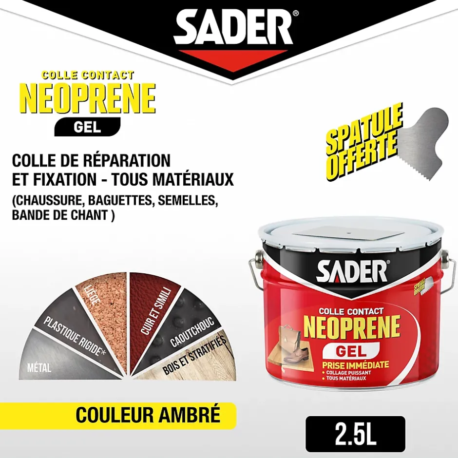 Colle contact néoprène en gel tous matériaux seau de 2.5 litres-Sader