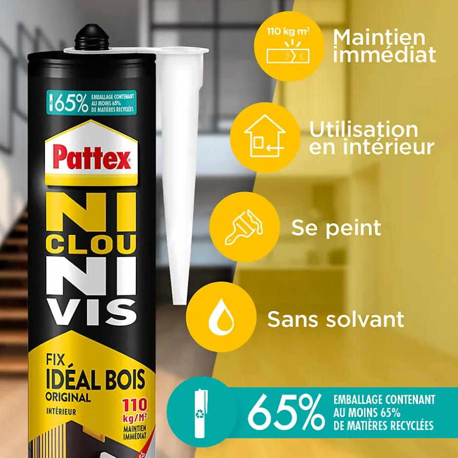 Colle de fixation vendue par 3 Ni clou Ni vis couleur transparent résistance 100 kg / cm² séchage en 12 h^Pattex Hot