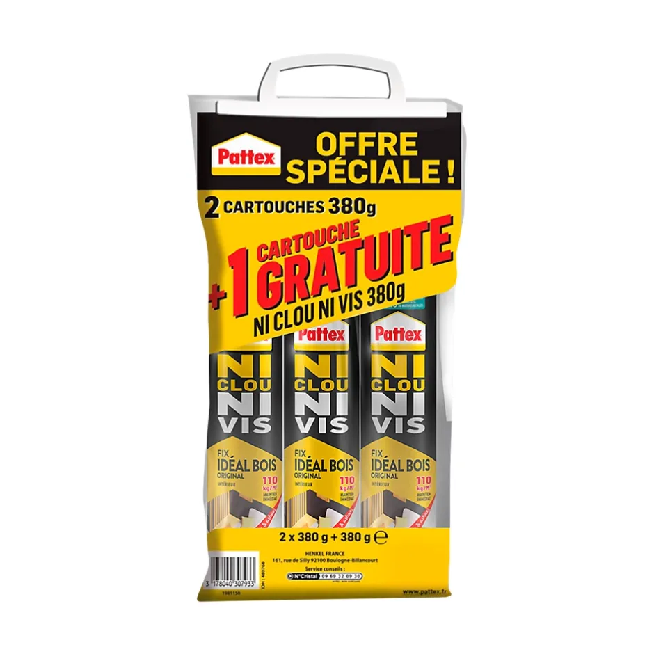 Colle de fixation vendue par 3 Ni clou Ni vis couleur transparent résistance 100 kg / cm² séchage en 12 h^Pattex Hot