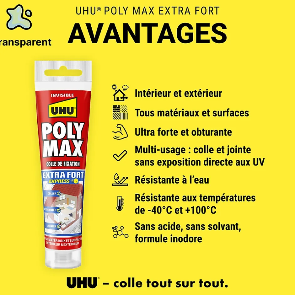 Colle mastic extra forte express Poly Max transparente tube 115g-UHU Hot