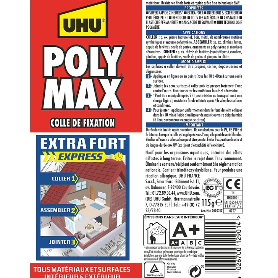 Colle mastic extra forte express Poly Max transparente tube 115g-UHU Hot