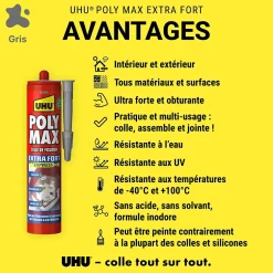 Colle mastic extra forte Poly max gris 425g-UHU Hot