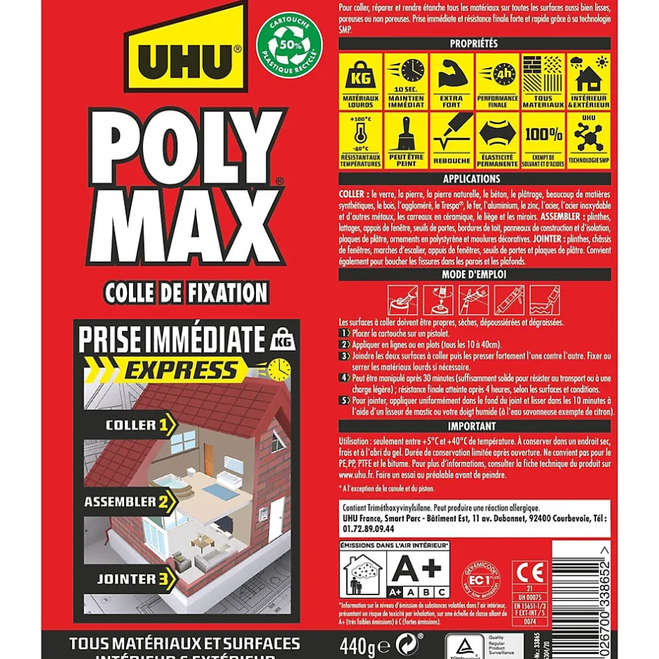 Colle mastic prise immédiate express blanc cartouche 425g-UHU Best