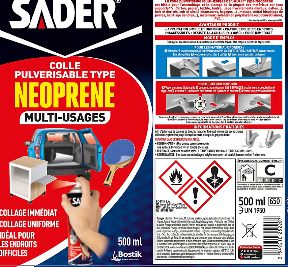 Colle Multi-usages Pulvérisable type Néoprène Aérosol 500 ml-Sader Sale