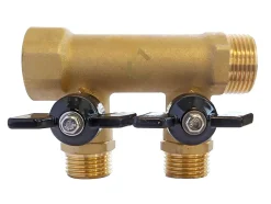 Collecteur laiton avec mini-vannes intégrées 2 départs M15/21 - Entrée F20/27 - Sortie M20/27-Somatherm for you Best