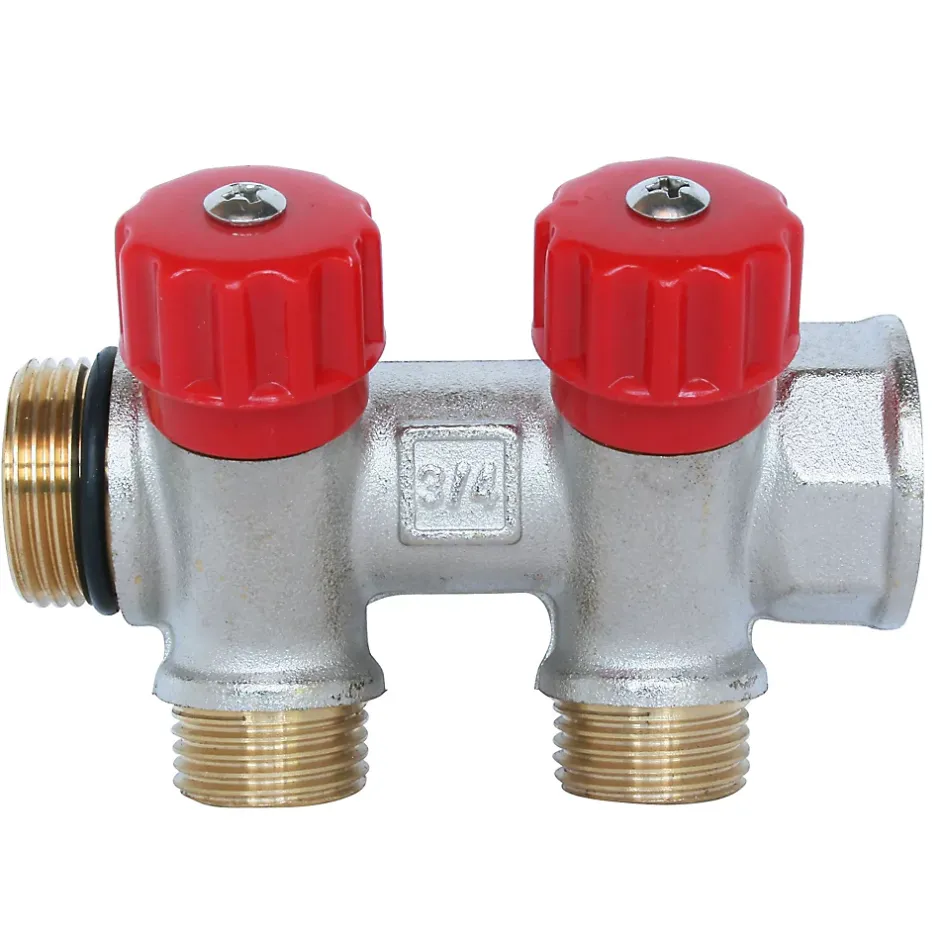 Collecteur sanitaire laiton nickelé M20/F27 - 2 dérivations à portée + vanne d'arrêt à clapet M15/21^Somatherm for you Clearance