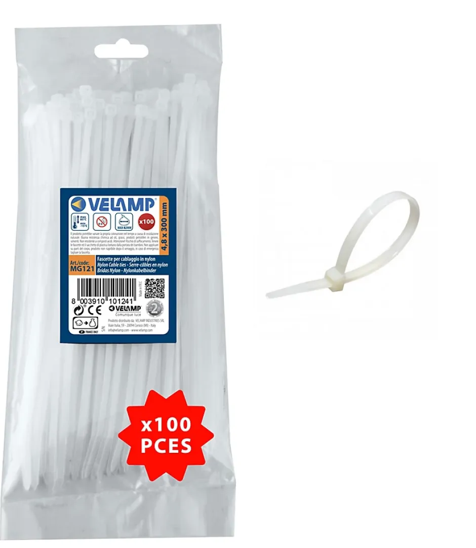 Colliers de fixation en nylon. Blancs. 4,8x300 - 100pces^Velamp Clearance